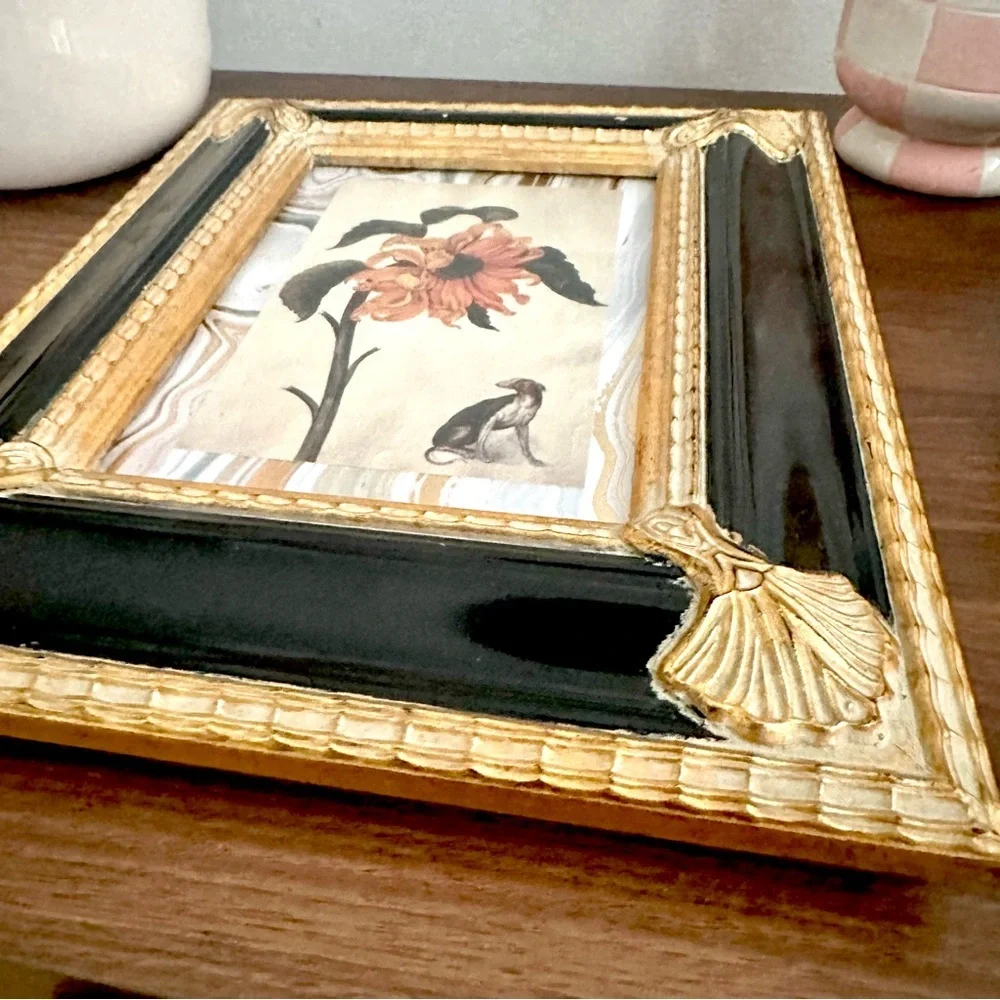 Surreal Sunflower & Dog Art Postcard Print Framed Art Nouveau Frame Black Gold